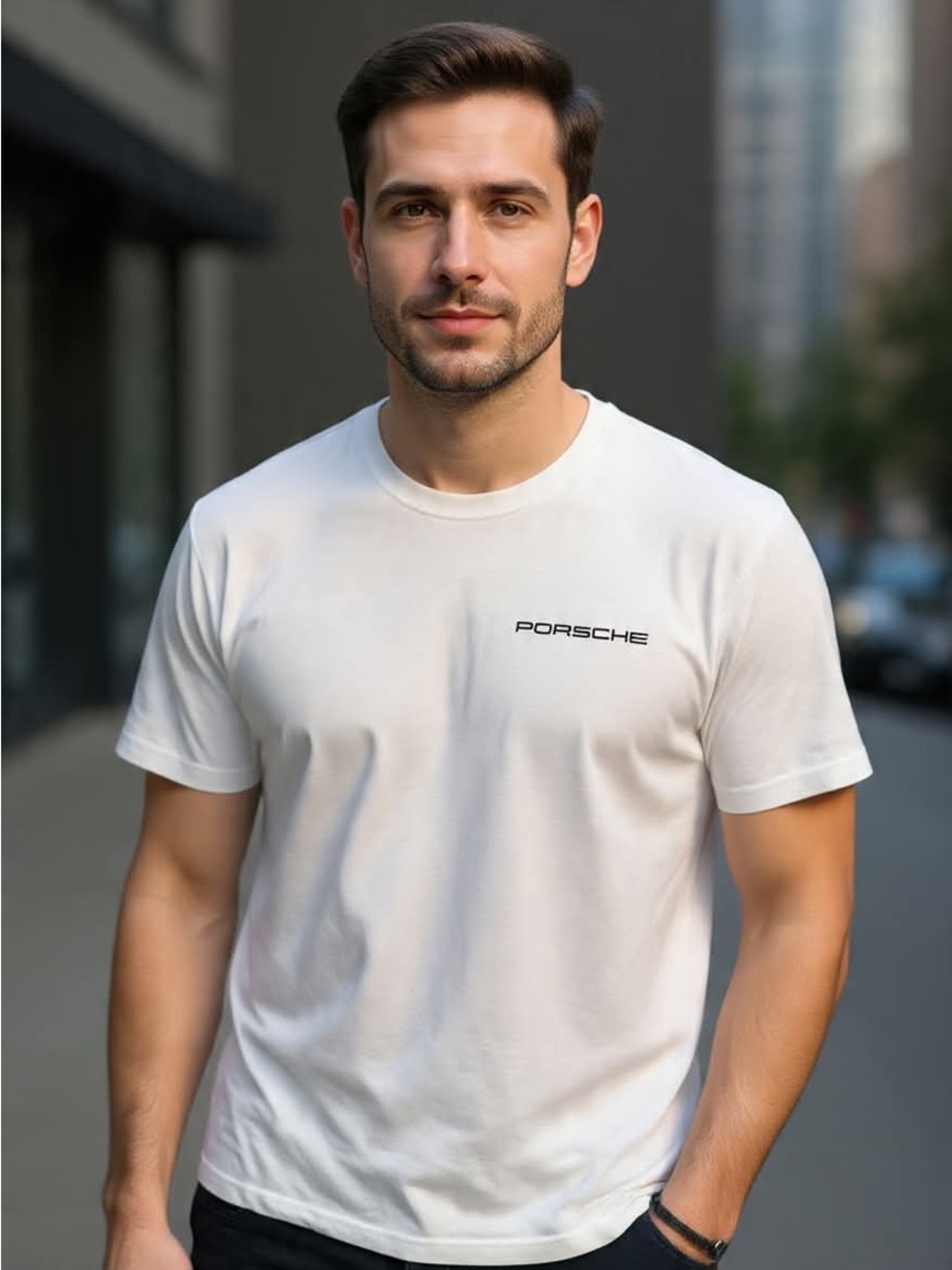 Gildan White Crewneck Tee with Black Porsche Logo &  Graphic